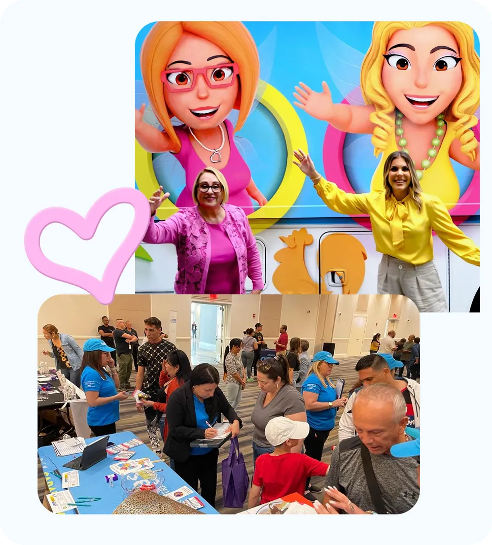 Two smiling women, one in a pink jacket and one in a yellow blouse, pose in front of a wall painted with the two illustrated Madrinas godmothers; below, staff in blue shirts and caps help families with paperwork at a busy community event.