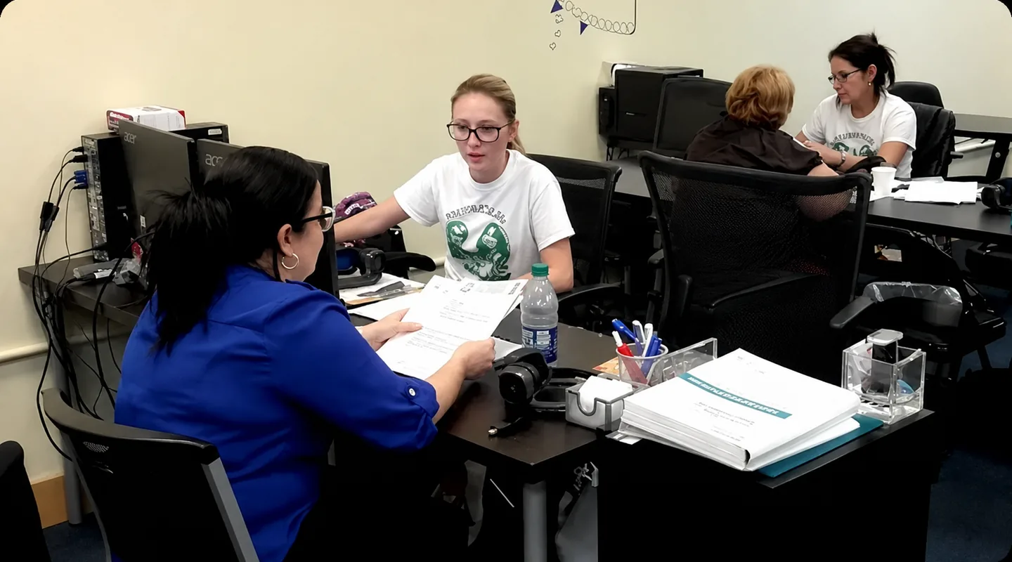 A Madrinas advisor in a blue blouse goes over enrollment paperwork across a desk with a client in a white t-shirt, while two colleagues work at desks behind them in the office
