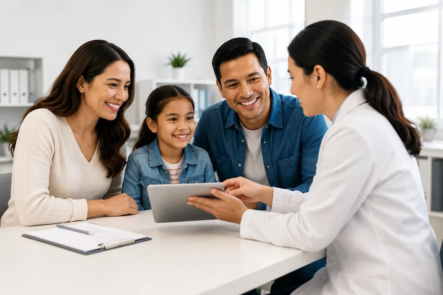 Una mujer con bata clínica blanca le muestra algo en una tableta a una familia sonriente en una mesa blanca y luminosa: una madre con suéter color crema, una niña con chaqueta de mezclilla y un padre con camisa de mezclilla, con un portapapeles sobre la mesa