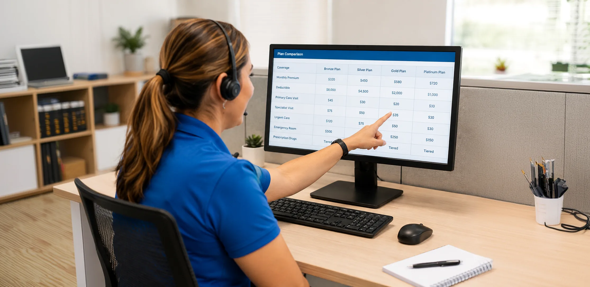Una agente con polo azul y auriculares señala en su monitor una tabla comparativa de planes Bronce, Plata, Oro y Platino, con una libreta y un bolígrafo sobre el escritorio