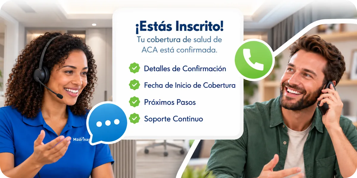 Una tarjeta de «¡Estás inscrito!» confirma la cobertura de Obamacare e incluye datos de confirmación, fecha de inicio, próximos pasos y apoyo continuo, junto a una agente con audífonos y un hombre sonriente al teléfono.