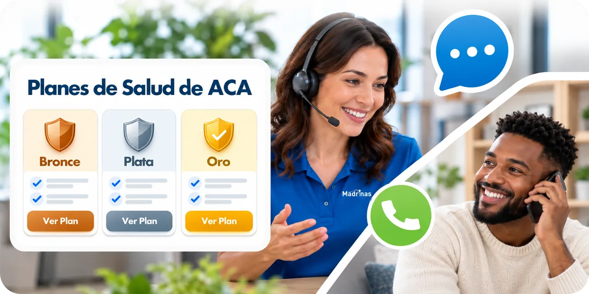 Una tarjeta de «Planes de salud de ACA» muestra opciones Bronce, Plata y Oro una junto a otra, junto a una agente con audífonos y un hombre sonriente al teléfono.