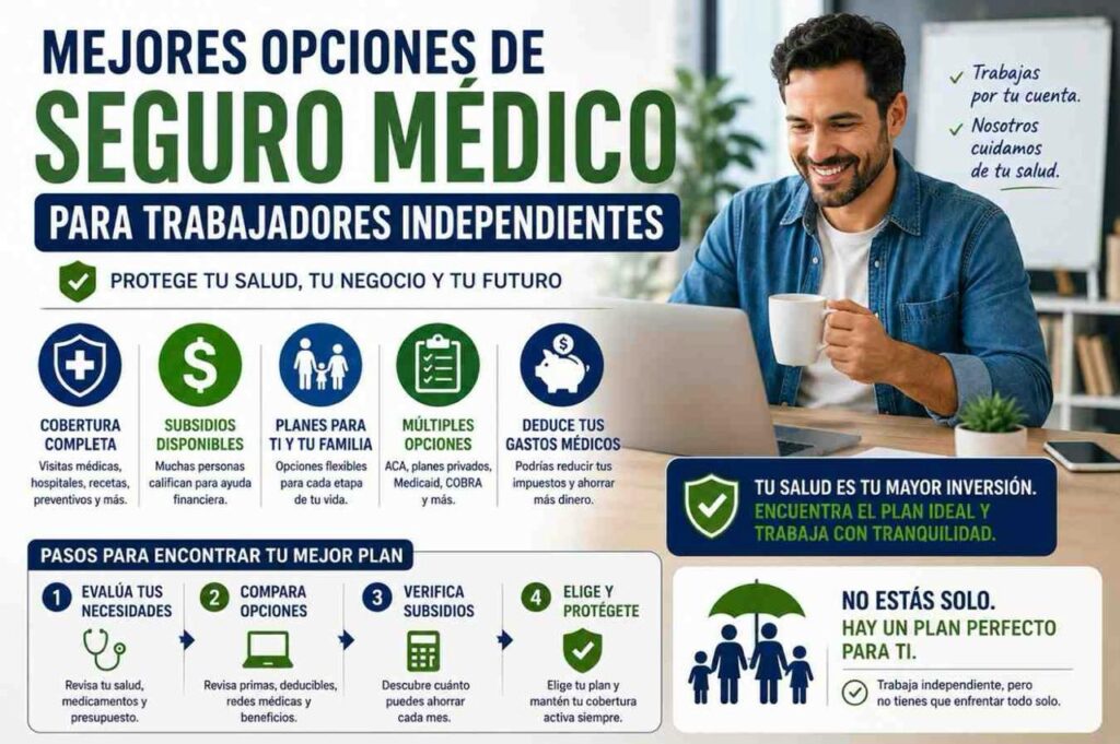 Mejores Opciones de Seguro MÃ©dico para Trabajadores Independientes Existen muchos beneficios para los trabajadores independientes. El primero es que no necesitan de licencias, permisos o autorizaciones. No tienen a nadie que les impida hacerlo. No tienen horario oficial, y solo dependerÃ¡ de las horas con la que puedan dedicarse a su trabajo y a lo que quieras hacer. En otras palabras, un trabajador independiente puede trabajar tanto o tan poco como Ã©l desee, y luego tener todo el tiempo del mundo para hacer lo que realmente desea hacer. Las personas mÃ¡s interesadas en el marketing serÃ¡n atraÃ­das por la libertad de autoempleo, planificaciÃ³n y ejecuciÃ³n de su propia forma de negocios. Para ellos, el uso de datos personales les brinda un vacÃ­o que les resulta aburrido durante dÃ­as de servicio a travÃ©s de planes corporativos u organizaciones. Esta guÃ­a explicarÃ¡ lo mÃ¡s popular en seguros de salud para trabajadores por cuenta propia, rastreo y reducciÃ³n de los costos... y caracterÃ­sticamente 