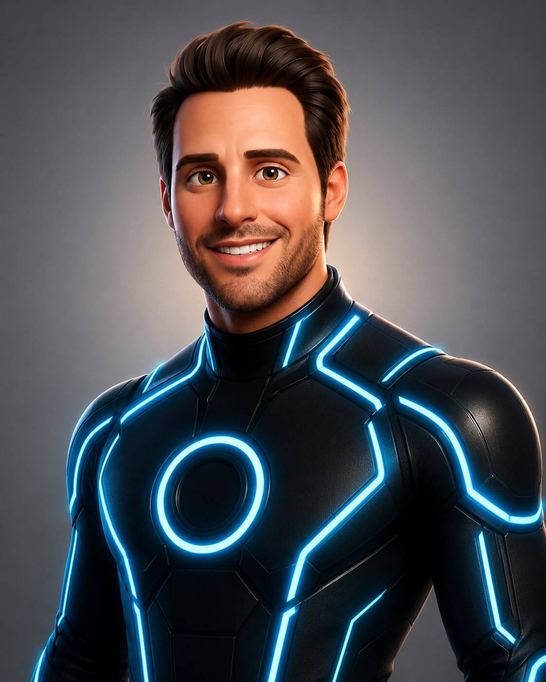 A Las Madrinas team member with dark hair, styled in the blue neon look of Momentum 2027
