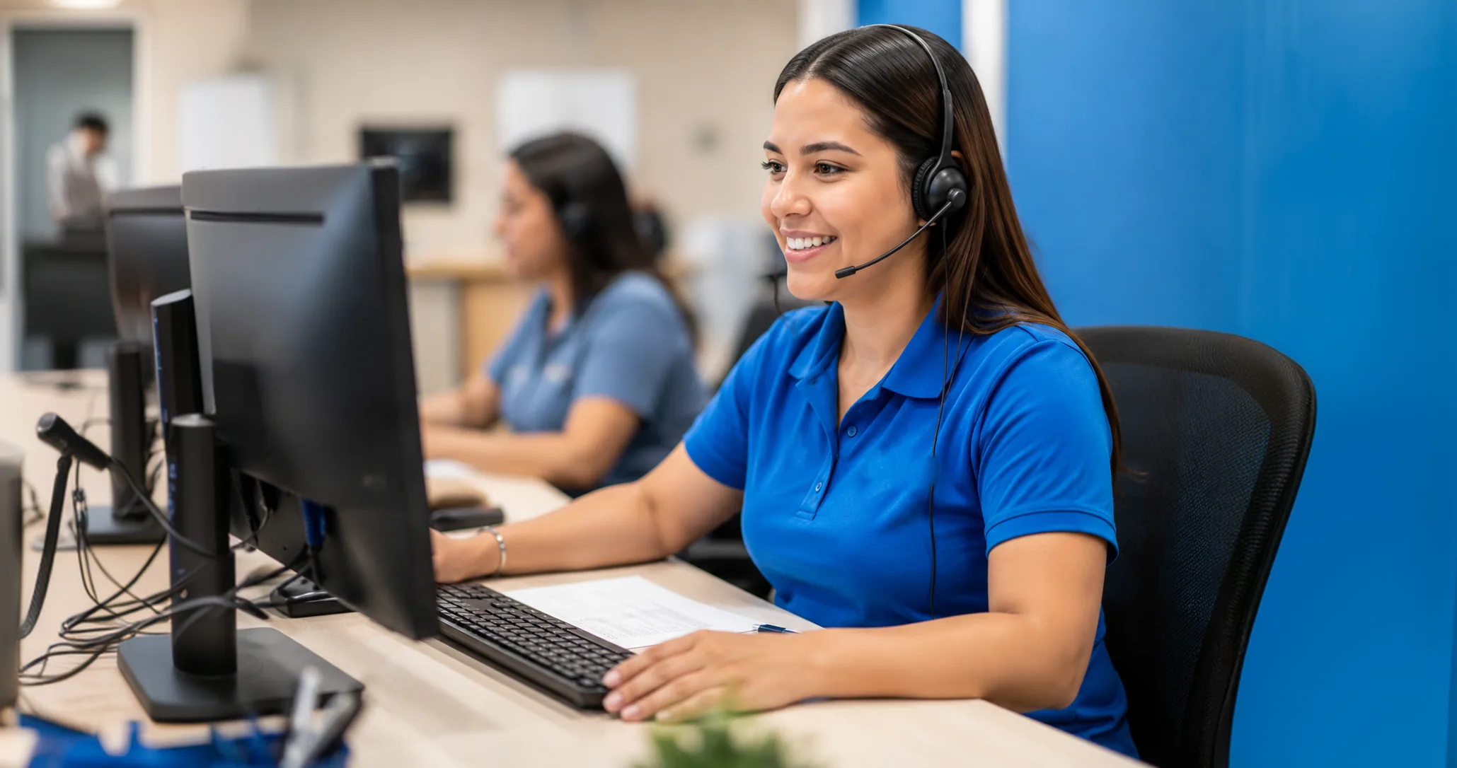 A smiling agent in a blue polo shirt and a headset types at her computer in a bright office, with a colleague in a matching blue polo on a call at the desk behind her