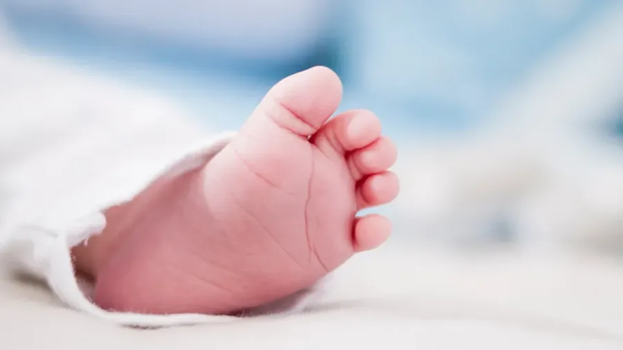 Close-up of a newborn baby’s tiny bare foot resting on a soft white blanket, the toes curled slightly, lit by gentle window light
